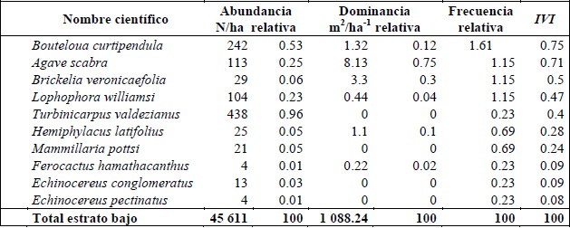 Par&aacute;metros estructurales de las especies del estrato alto y bajo. La abundancia (N&uacute;mero de individuos N/ha) y la dominancia (en m2/ha). IVI = &Iacute;ndice de Valor de Importancia. (Las especies est&aacute;n ordenadas en cada estrato en forma descendente seg&uacute;n su valor de importancia).