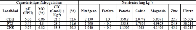 Caracter&iacute;sticas fisicoqu&iacute;micas y nutrientes del suelo proveniente de las localidades Ciudad Hidalgo (CDH), P&aacute;tzcuaro (PTZ) y Cher&aacute;n (CHE).