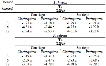 Potencial de agua (ΨA) de los tejidos primarios (clorénquima y parénquima) de plantas de Ferocactus histrix y F. pilosus en etapa vegetativa, con y sin riego por 3. 6 y 12 meses.