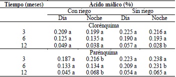 Contenido de ácido málico, diurno y nocturno, en tejido seco de clorénquima y parénquima de plantas de Ferocactus pilosus de 10 años de edad, cultivadas en invernadero, con riego semanal y después de 3, 6 y 9 meses sin riego.