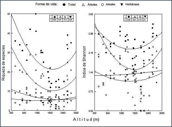 Índices de riqueza y diversidad de especies, por formas de vida y tipos de vegetación, a lo largo en el gradiente altitudinal del Cañón del Zopilote, Guerrero.