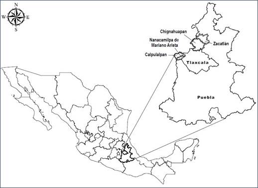 Municipios de estudio de los estados de Puebla y Tlaxcala.