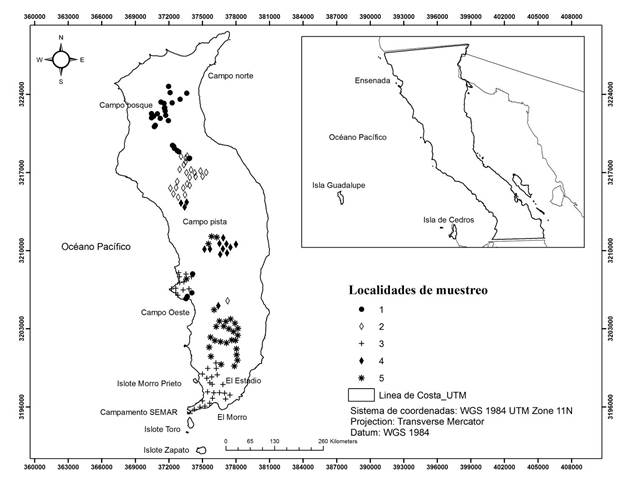 Ubicación de la Reserva de la Biosfera Isla Guadalupe, México. Se indican la distribución de las localidades de muestreo