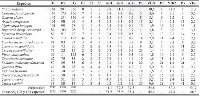 Cambios temporales en las caracter&iacute;sticas estructurales de las 19 especies m&aacute;s importantes del bosque mes&oacute;filo de monta&ntilde;a de la Sierra de Manantl&aacute;n en el transcurso de 12 a&ntilde;os.