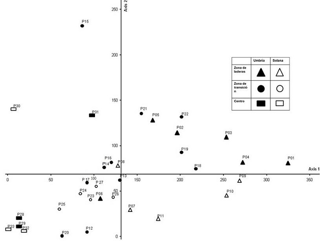 Ordenaci&oacute;n DECORANA de los sitios de muestreo de vegetaci&oacute;n de la Joya Honda con base en la matriz de cobertura.