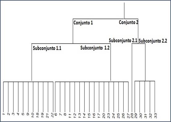 Dendrograma de la clasificaci&oacute;n de sitios de muestreo con base en el atributo de cobertura.