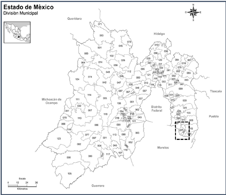 Mapa del Estado de M&eacute;xico. Divisi&oacute;n municipal: en el recuadro punteado se muestra la localizaci&oacute;n del municipio de Ozumba (Modificado de http://cuentame.inegi.org.mx/mapas/pdf/entidades/div_municipal/mexicompios.pdf)