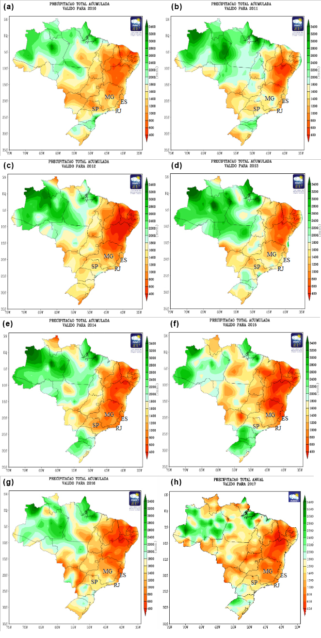 Precipitao total acumulada no Brasil: (a) 2010, (b) 2011, (c) 2012, (d) 2013, (e) 2014, (f) 2015, (g) 2016 e (h) 2017