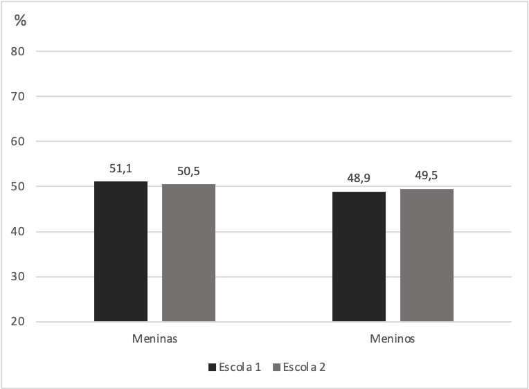 Frequncia percentual de estudantes segundo idade, sexo e Escolas 1 e 2, da rede pblica de ensino do municpio de Maca, 2018. Escolas 1 (n=92) e 2 (n=99)