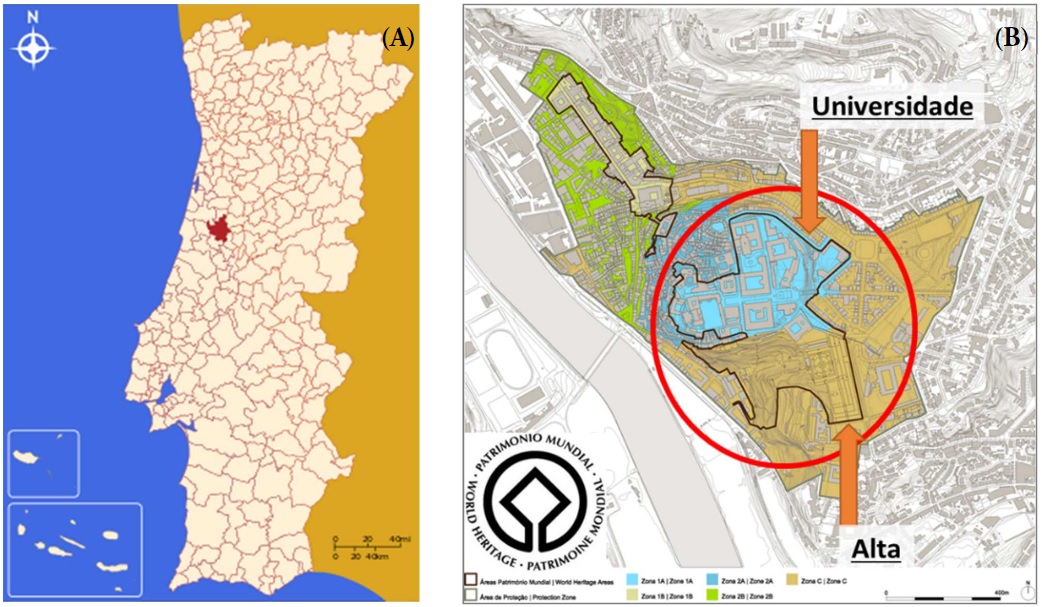  Localizao do municpio de Coimbra em Portugal Continental (A) e da rea de estudo na cidade de Coimbra (B)