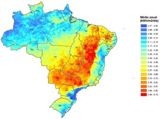 Radiao solar total no Brasil, kWh/m/dia, em plano cuja inclinao  igual  latitude do local