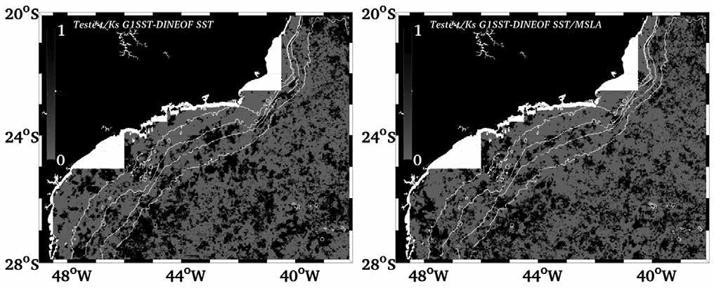 Teste de diferena significativa entre o conjunto de imagens G1SST e as reconstrues com aborgadem univariada (painel direito) e multivariada (painel esquerdo) pela combinao dos Testes t-Student e Kolmogorov-Smirnov