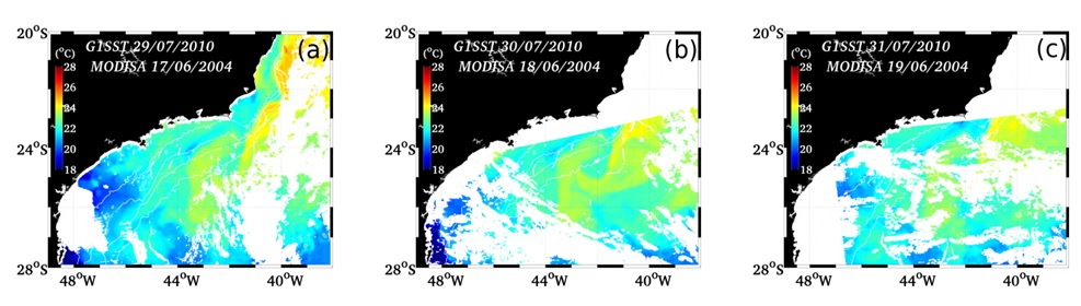 Imagens TSMc resultado da cobertura artificial de nuvens MODIS sobreposta s imagens G1SST dos dias 29/072010 (a), 30/07/2010 (b) e 31/07/2010 (c)