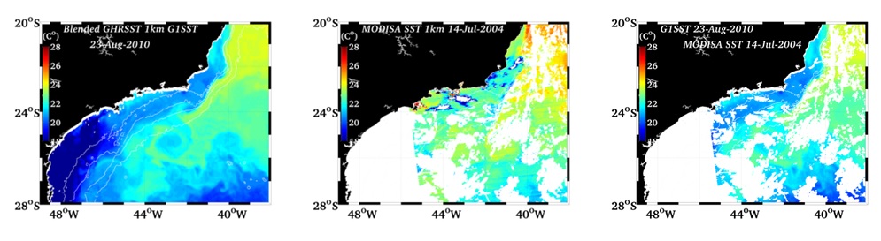 Imagens G1SST, 23 de agosto de 2010 (painel esquerdo); Imagem TSM MODIS-AQUA, 14 de julho de 2004 (painel central); Imagens TSMc, nuvens MODIS (14 de julho de 2004) sobrepostas (pixel removidos)  imagem G1SST (23 de agosto de 2010)