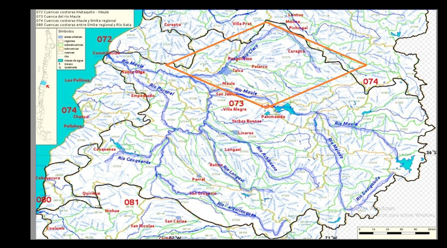 Mapa cuencas hidrogr�ficas de la Regi�n del Maule. En la secci�n anaranjada se observa zona de confluencia del r�o Claro con las comunas de Talca, Maule y R�o Claro (Red hidrogr�fica desde BCN, 2019).