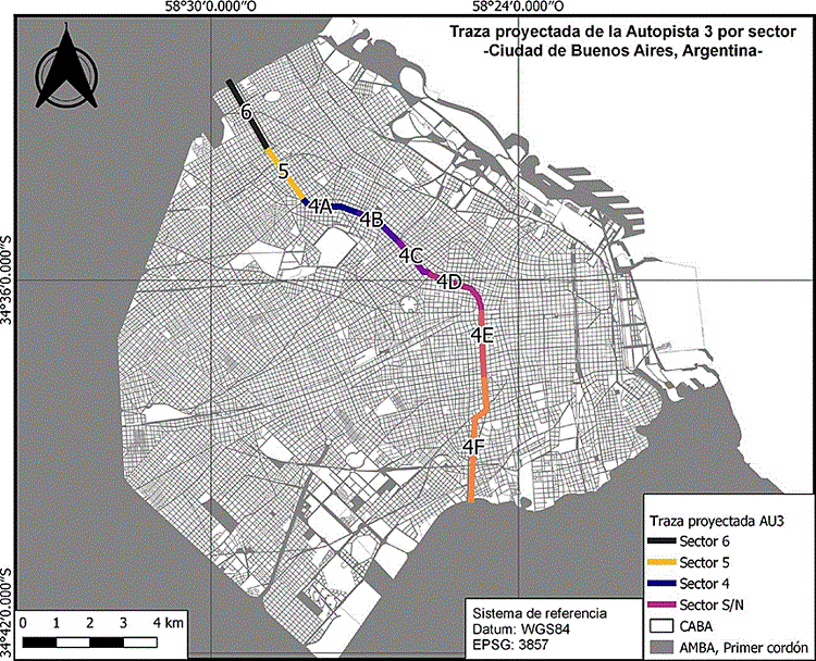 Traza de la autopista 3 dividida en sectores