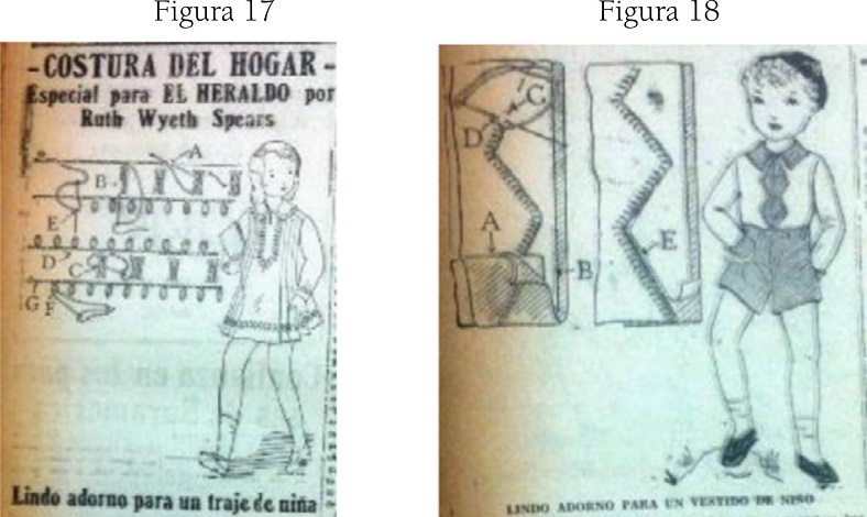 Trajes para niña y para niño, con claras diferencias en sus diseños, detalles y colores. Se resalta en el texto que acompaña la imagen del traje de niño, la importancia de que por medio de su uso no se pierda la “dignidad varonil”. El Heraldo Antioquia, 1929.