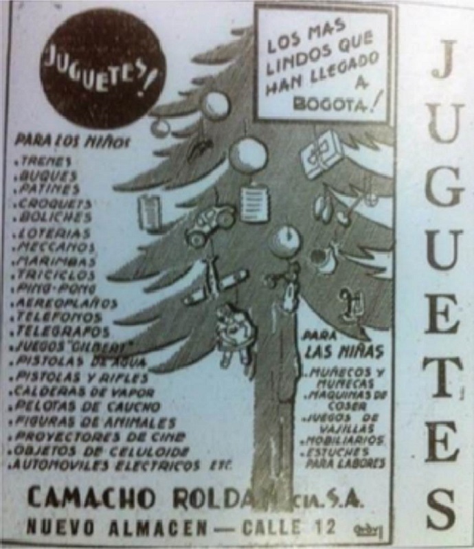 Anuncio del periódico El tiempo, diciembre, 1938. Oferta de juguetes importados para niño y para niña. Aunque la publicidad ofrece juguetes para la ciudad de Bogotá , el periódico El Tiempo era de distribución nacional, por lo que dicha publicidad llegaba a Medellín también.