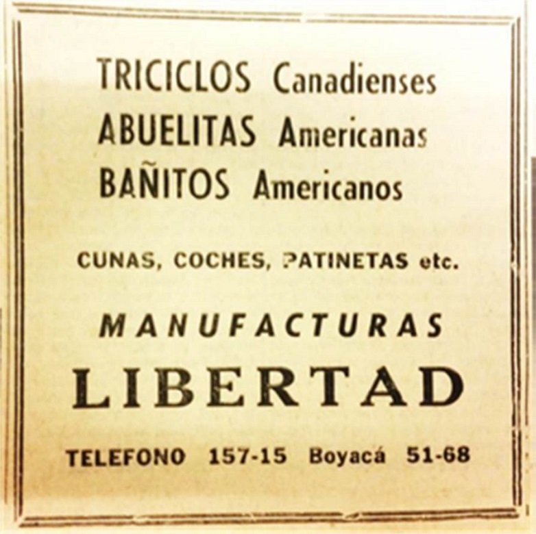 Anuncio publicitario en el que se resalta el origen canadiense y estadounidense de los juguetes, a su vez que se popularizaban objetos como patines, coches y triciclos, lo que respondía a la masificada vida urbana de esta época. La Defensa, diciembre, 1947.