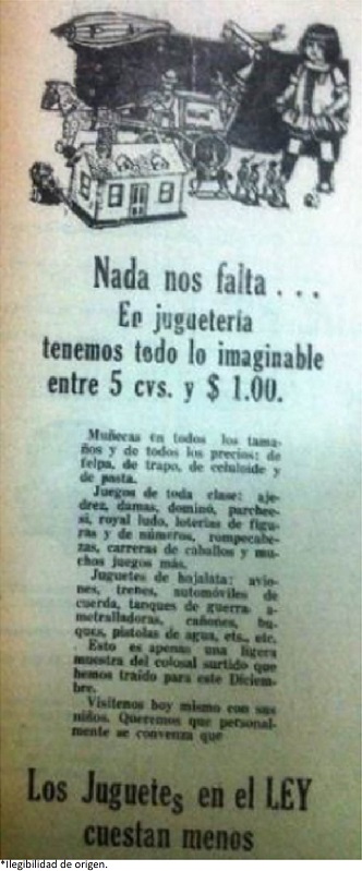 Anuncio publicitario de Juguetes importados de venta en el Ley en época de navidad. El Heraldo Antioquia. Diciembre de 1936.