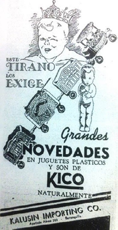 Anuncio publicitario de Kiko, una de las primeras industrias jugueteras del país. Ofrecen los juguetes plásticos como algo “novedoso”. El Tiempo, noviembre de 1942.
