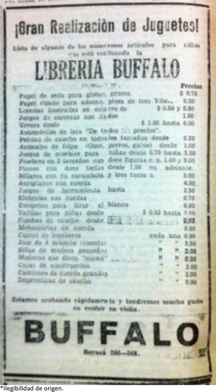 Anuncio publicitario de la comercializadora de juguetes importados Buffalo. El Heraldo Antioquia, diciembre de 1929.