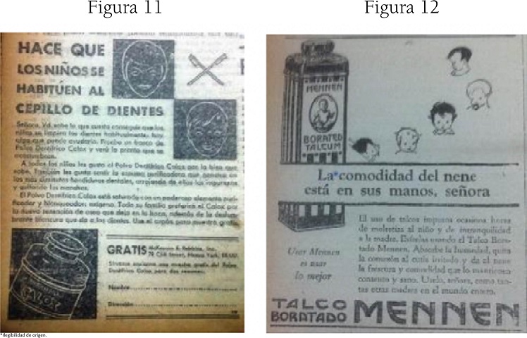 Las nacientes normas de higiene y cuidado de la salud del menor, sirvieron para abrir
							un mercado infantil antes poco explorado. Se promocionan un sinfín de
							productos pensados para el cuidado corporal de los niños y niñas y en la
							generación de hábitos de higiene: Anuncio de Polvo dentífrico importado
							de Estados Unidos, en el Periódico El Heraldo de Antioquia, 1929. Anuncio
							de Talco Mennen, producto importado para el cuidado de la piel de los
							bebés. El Heraldo
									Antioquia, 1939 . 