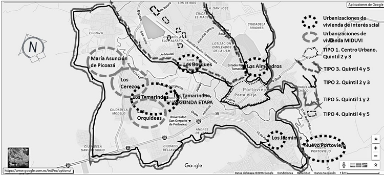 Plano de la ciudad de Portoviejo, indicando las tipolog&iacute;as habitacionales identificadas
y las urbanizaciones de vivienda de inter&eacute;s social objeto de estudio