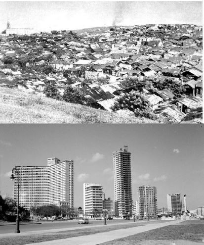 Contraste
del h&aacute;bitat en La Habana. Arriba: Barrio de indigentes, conocido por las
Yaguas, en Luyan&oacute;. Debajo: Torres de apartamentos en
el Malec&oacute;n, 1957
