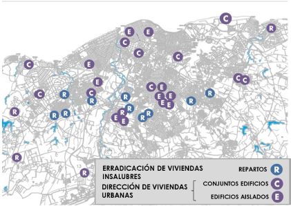 Ubicaci&oacute;n
de los conjuntos habitaciones desarrollados por Minop
en la ciudad