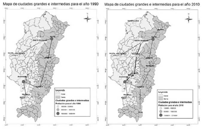 Ejes urbanos en 1990 y 2010. Aparición del eje interno-costero