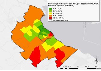 Porcentaje de hogares con NBI, por departamento, GBA, 2010