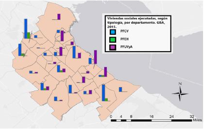 Localizaci&oacute;n de las viviendas sociales ejecutadas con los Programas Federales de Vivienda, seg&uacute;n tipolog&iacute;a, por corona. GBA, 2015