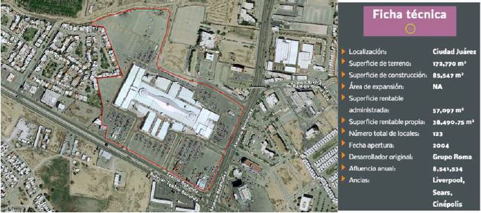 Vista a&eacute;rea y ficha t&eacute;cnica del Centro Comercial Las Misiones en Ciudad Ju&aacute;rez, Chihuahua