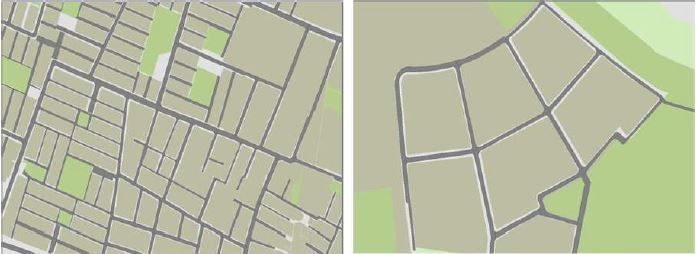 Longitud de tramos peatonales relacionados al tama&ntilde;o de la manzana. Izquierda, manzaneo previo al STM. Derecha, manzanas nuevos desarrollos posterior al STM