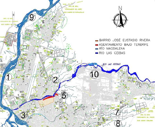 Mapa de comunas y r&iacute;os de la ciudad de Neiva