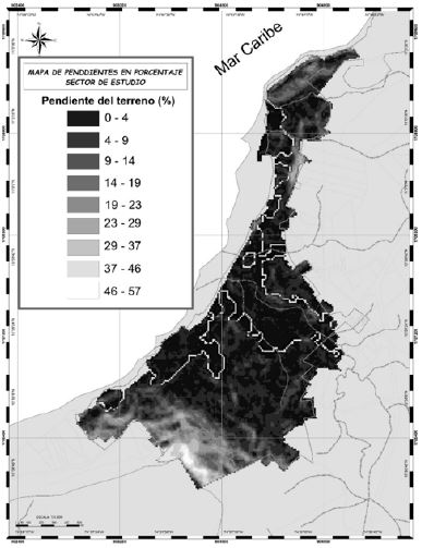 Mapa de pendientes en porcentaje del sector de estudio