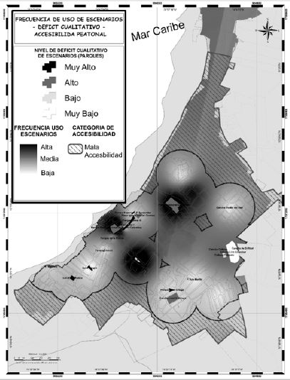Mapa de frecuencia de asistencia a escenarios de espacio p&uacute;blico &ndash; d&eacute;ficit cualitativo &ndash; accesibilidad peatonal