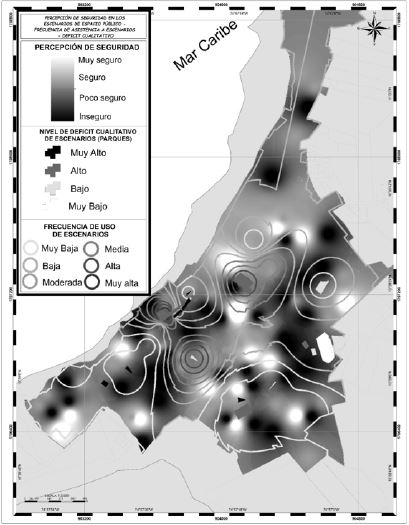 Mapa de percepci&oacute;n de seguridad en la noche &ndash; d&eacute;ficit cualitativo &ndash; frecuencia de uso