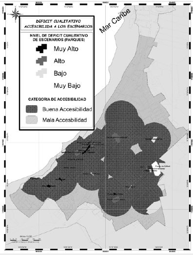 Mapa de d&eacute;ficit cualitativo en los escenarios de espacio p&uacute;blico y accesibilidad peatonal