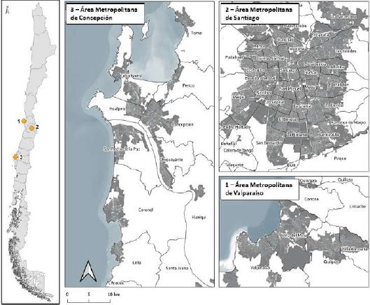 Mapa de &aacute;reas metropolitanas en estudio y sus divisiones comunales
