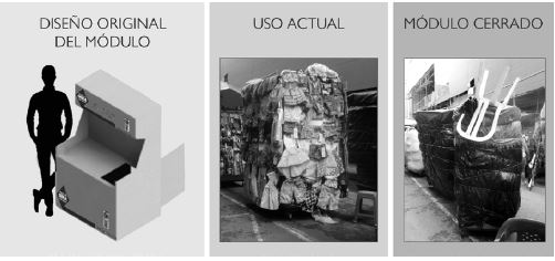 puesto de venta semi-estacionario. La imagen muestra cómo se concibió
originalmente el módulo y como es usado actualmente por los venteros.