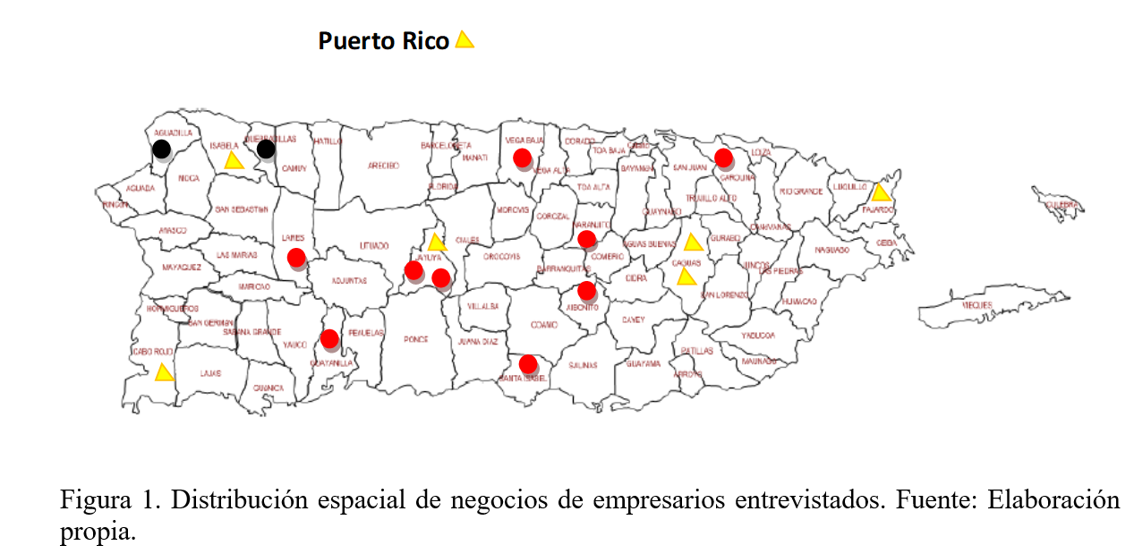 Distribución espacial de negocios de empresarios entrevistados Fuente Elaboración propia
