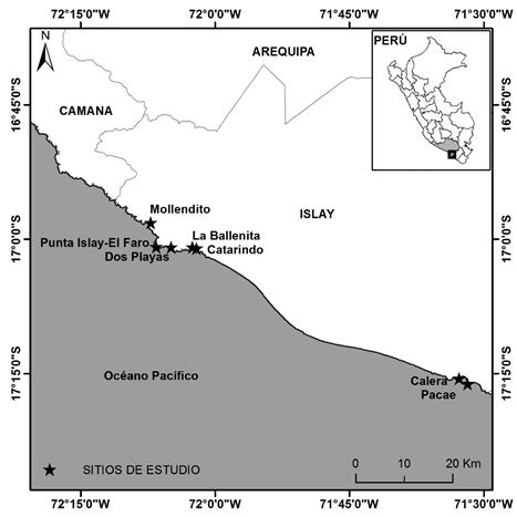 Mapa de los sitios de estudio en la provincia de Islay, Arequipa-Perú