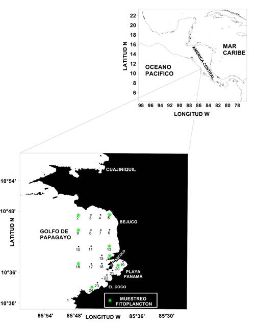 Ubicación de las estaciones de muestreo hidrográfico y de fitoplancton