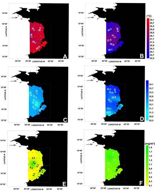 Distribuciones superficiales de temperatura (°C) (A, B), salinidad (C, D) y clorofila-a (mg m-3) (E, F) para los meses de octubre del 2016 y febrero del 2017
