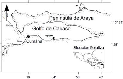 Ubicación geográfica de la ensenada de Turpialito, Golfo de Cariaco, Venezuela