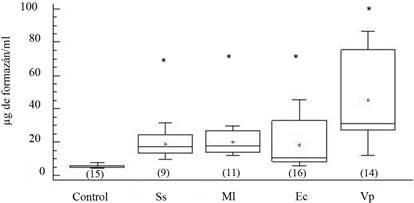Niveles de formazán en fluido celómico del erizo de mar Echinometra lucunter inoculados con solución salina (Ss), M. lysodeikticus (Ml), E. coli (Ec) y V. parahaemolyticus (Vp). El asterisco muestra diferencias significativas *P<0.05. (N) indica en número de individuos analizados