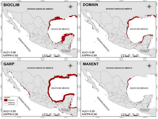 Modelos de distribución potencial de la especie Hippocampus zosterae en México. En la parte inferior izquierda se muestran los valores AUC/KAPPA para cada uno de los algoritmos