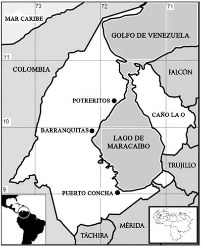 Ubicaci&oacute;n relativa nacional y regional del lago de Maracaibo. Se resaltan los puertos pesqueros m&aacute;s importantes. El &aacute;rea en blanco se corresponde con el estado Zulia